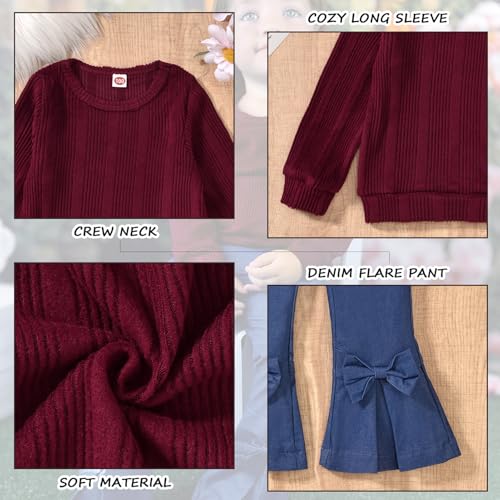 Image of HINTINA Toddler Little Girl Fall Winter Clothes Knitted Sweatsuit Denims Bell Bottom Flared Pants Set