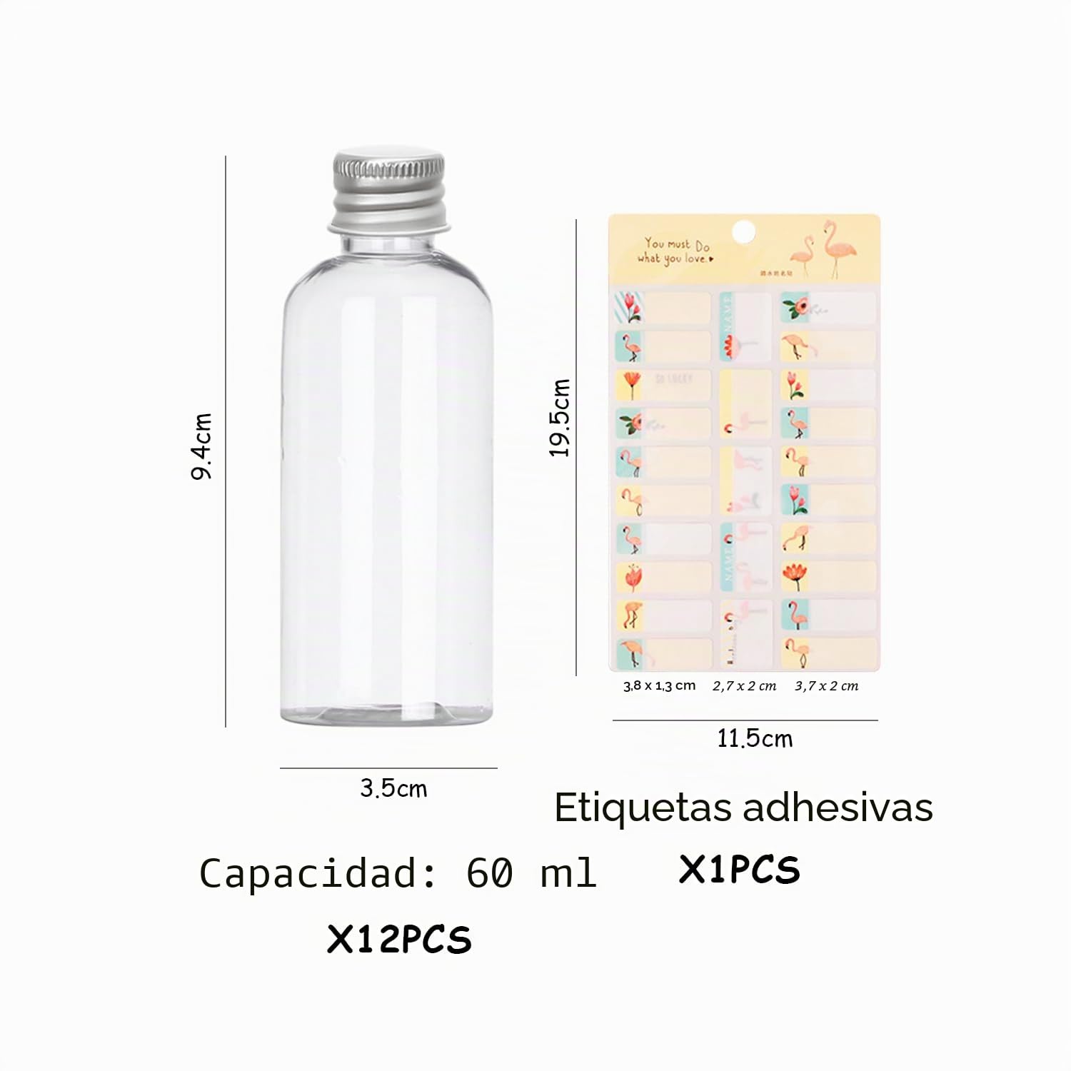 Paquete de 12 Botellas de Vino (60 ml) Con Pegatinas de Flamenco, Tapa de Jengibre, Plástico, Mini Botellas Para Alcohol, Zumo, Leche y Batidos