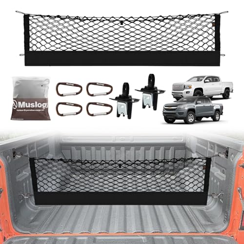 Muslogy Truck Bed Cargo Net Trunk Netting Compatible with 2015-2022 Chevy Colorado & GMC Canyon Accessories, Pickup Cargo Organizer SUV Sedan Storage Net w/Heavy Duty Carabiners