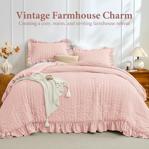 Image of JOLLYVOGUE Rose Gold Queen Comforter Set, 3 Pieces Seersucker Comforters Queen Size, Lightweight & Fluffy Bedding Sets for All Season with 1 Ruffle Comforter and 2 Ruffle Pillowshams
