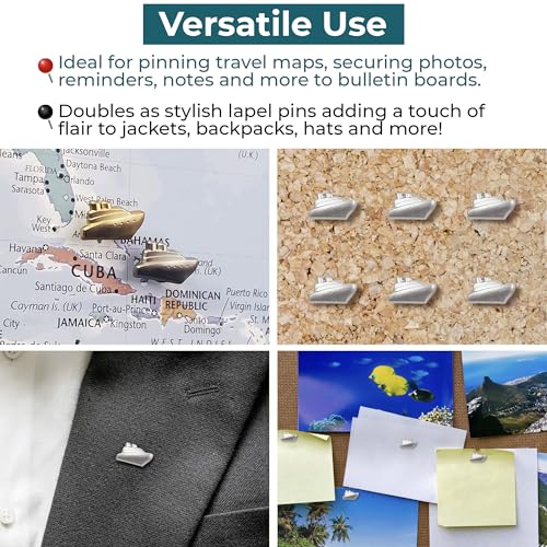Image of Cruise Ship Push Pins - Silver Metal Cruise Ship Pins - for Cork Board, Maps, or Lapel Pin Use - Designed in USA - Set of 10