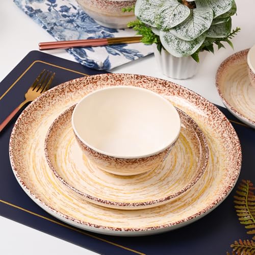 Image of MARKET 99 Cream Spiral Melamine Dinner Set 14 Pieces, Glossy Round Dinnerware with 6 Full Plates, 6 Quarter Plates, 6 Soup Bowls & 2 Serving Bowls, Food Safe & Refrigerator Safe