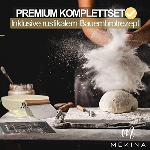 Mekina Proofing Basket Set 25 cm Round with Fabric Insert, Accessories for Baking Bread, with Stainless Steel Dough Scraper, Baker's Blade, Bread Bag, Instructions and Recipe
