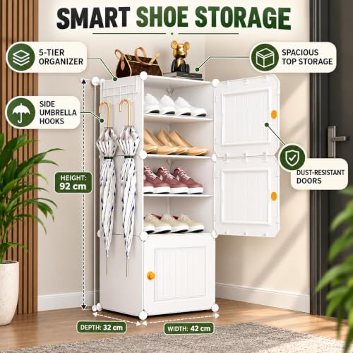Image of Mevigo Plastic Shoe Rack for Home with Door | 9 Tier Stackable Shoe Organizer | Holds 18-Pairs |Waterproof & Dustproof | DIY Modular Shoe Cabinet |Chappal Slipper Stand (White-Hv2, 6- Layer)