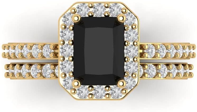 Clara Pucci Onyx Solitaire with Accents 14K Yellow Gold Ring & Zirconia Stacking Band Anniversary Set (2.16 cttw, 7.5X5.5mm, Emerald Cut)