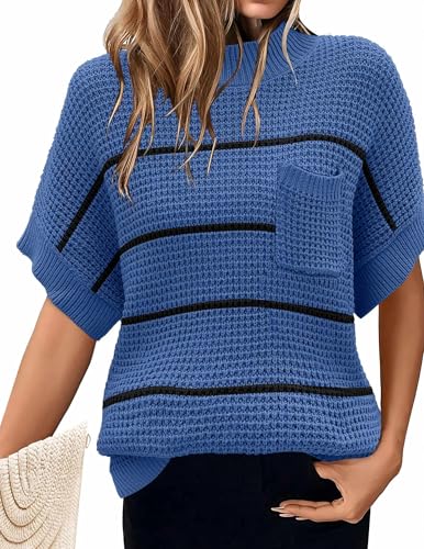 Image of Women 2026 Sweater Vest Mock Neck Batwing Short Sleeve Oversized Ribbed Knit Tops Fall Pullover Sweater S-XXL