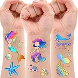 Mermaid Party Supplies Temporary Tattoos - Glitter Mermaid Birthday Party Favors, Mermaid Tail Decorations + Halloween Easter Makeup ( 6 Sheet )