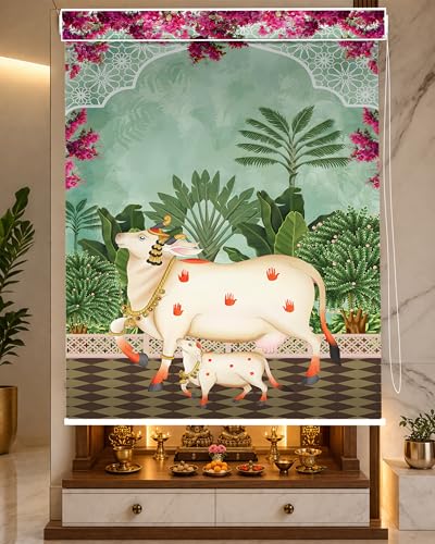 Image of Parker Pichwai Mandir Roller Blind with Pelmet | Blackout Temple Cover | Kamdhenu Design (PWB-69, 2.5x4)
