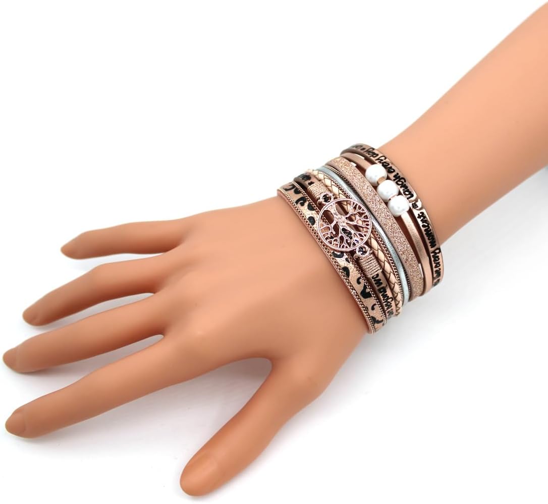 P Ammy Fashion® Multi-layered Tree of Life Mother-Love Leather Bracelets Boho Cuff Bohemian Bangle with Magnetic Clasp - Image 4