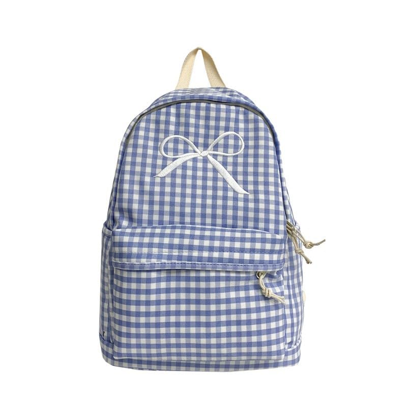 Womens Small Cute Trendy Plaid Preppy Backpack Y2k Aesthetic Kawaii Bow Checkered Daypack Coquette Laptop Bag (Blue)