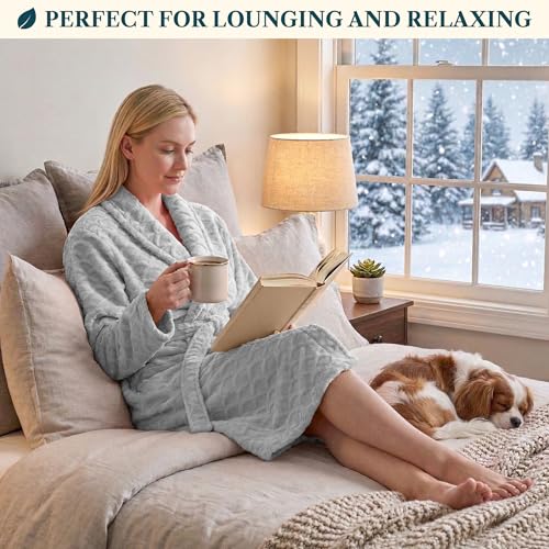 Image of PAVILIA Plush Robe for Women, Soft Fleece Short Bathrobe, Warm Lightweight Knee Length Lounge Robe with Pockets