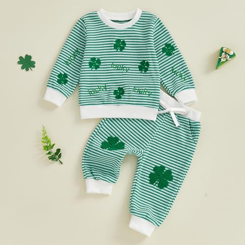 Image of Toddler Baby Boy St Patricks Day Outfit Infant Lucky Clover Sweatshirt Pants Set Little Kids Spring Warm Clothes