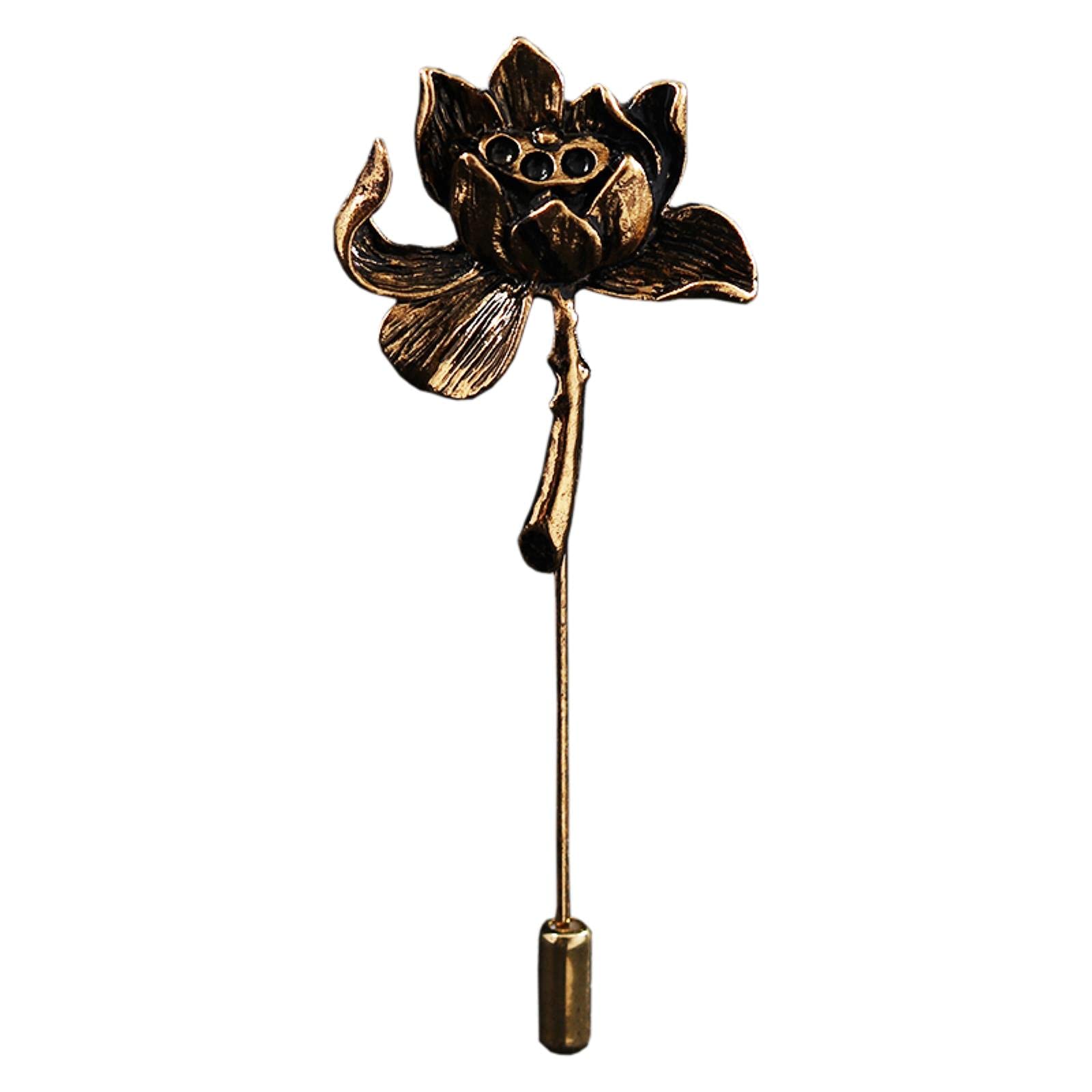 HCMA Ancient Personality Lotus Flower Brooch Shirt Lapel Pin Suit Corsage Long Needle Pins and Brooches for Women and Men Accessories