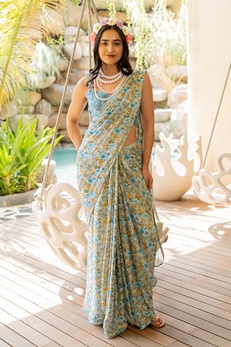 Image of MIRCHI FASHION Women Saree Floral Print Chiffon | Lightweight Festive Occasion Sari for Farewell and Functions with Unstitched Blouse Piece