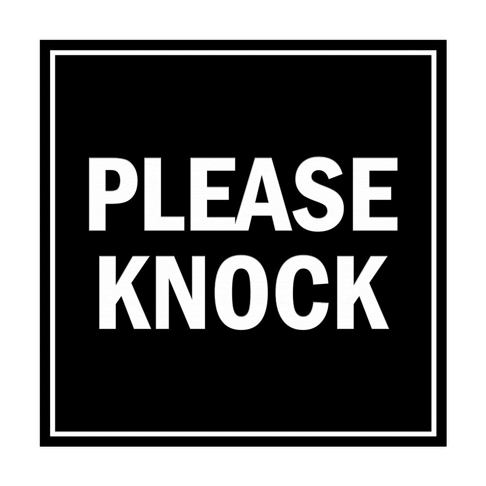Square Please Knock Sign with Adhesive Tape, Mounts On Any Surface (Black) - Large