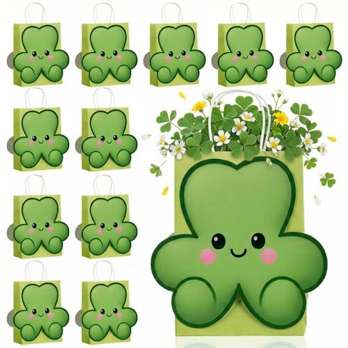 ForraFun 12 Pcs St Patrick's Day Gift Bags Bulk Cute 3D Green Shamrock St Patrick's Day Bags with Handles for Kids Classroom Irish Holiday Party Favors Birthday Supplies Candy Treats Goodies Gifts