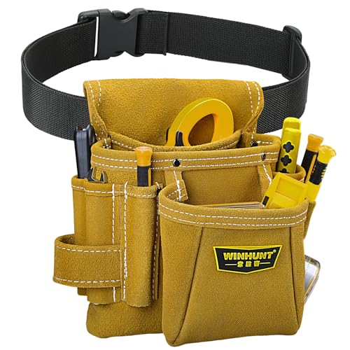 WINHUNT Leather Tool Pouch Bag with Adjustable Belt, 10 Pockets Tools Storage Pouches with Hammer Holder for Carpenter, 24 x 22 x 8 cm, Tan