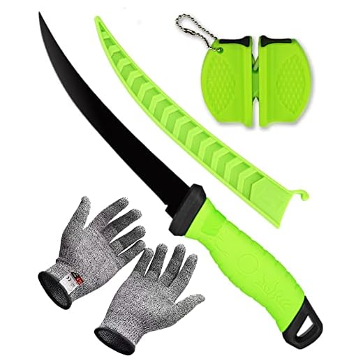 Fish Fillet Knife, 7 Inches Professional Fishing Fillet Knife Set Stainless Steel Blade in Corrosion Resistant Coating, with Sharpener and Cutting Resistant Gloves, for Fishing and Outdoor, Green