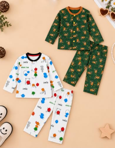 Image of 3BROS Kids Pure Cotton Night Suit Set | Boys Girls Printed Sleepwear Shirt & Pajama Clothing Combo | Soft Breathable Night Dress Outfit | Pack of 2