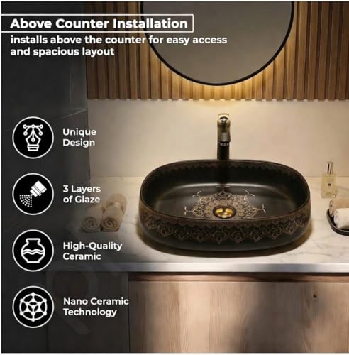 Image of BASSINO 21x14x6 Inches Designer Moroccan Ceramic Table Top Wash Basin /Black Matte & Gold Floral Art Sink for Bathroom /Handcrafted Rectangular Countertop Washbasin for Office /Hotel(Matt)