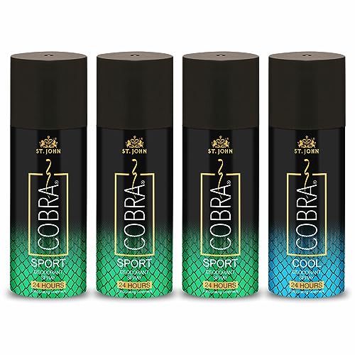 ST.JOHN COBRA Perfume Body Spray for Men & Women | Irresistible Scent Fresh and Soothing Long Lasting Good Fragrance Deo Sports Pack of 3 & Cool Deodorant Spray (600 ml, Pack of 4)