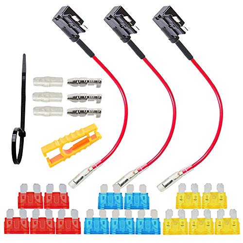 QitinDasen 3Pcs Premium 12V / 24V ACU Medium Add-a-Circuit Zekeringkraan, Piggyback Blade Zekeringhouder, met Kabelboom en 15Pcs Gratis Standaard Bladzekeringen