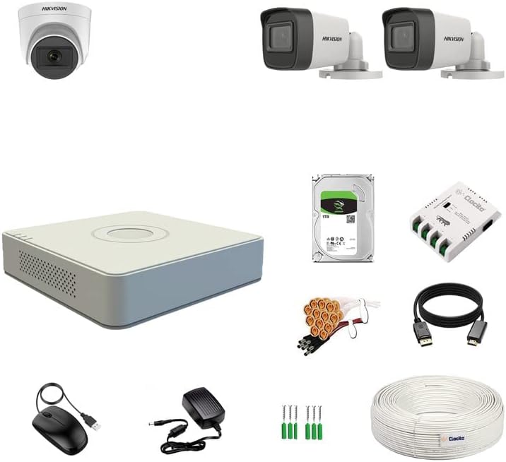 Clocite HIKVISION 4 Channel DVR with 5MP 1 Dome & 2 Bullet Cameras with Audio Recording (Day/Night Vision) + 1TB HDD + Copper Cable Roll (1+3) 4 CH Power Supply + BNC & DC Full Combo Kit