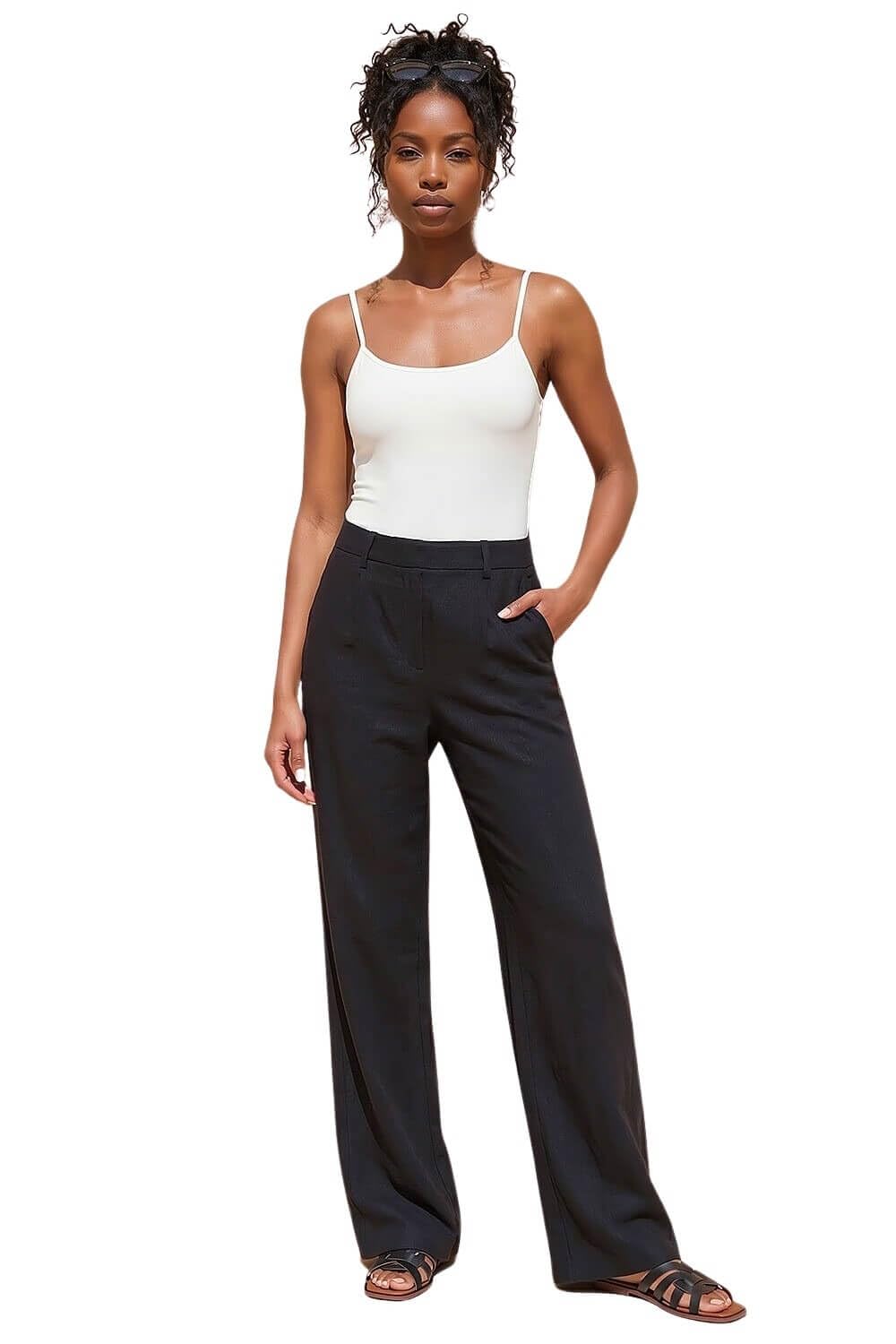 Roman Women's Black Linen Mix Wide Leg Trousers In Size 20