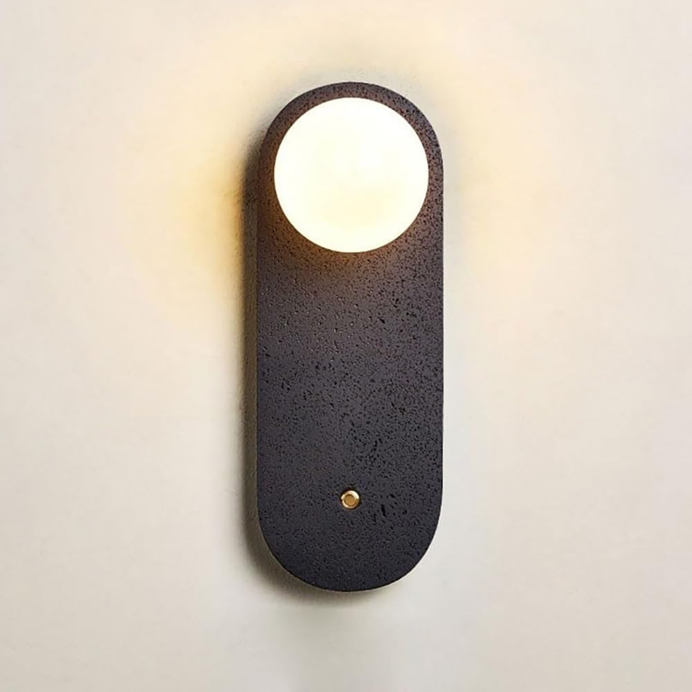COSRUB Minimalist Travertine Wall Sconce, Oval Stone with Glass Globe Wall Lamps Industrial Organic Black Wall Lights with Switch for Bedroom Bedside Living Room(3000K)