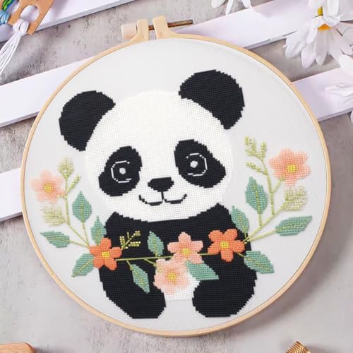 Image of DIY Cross Stitch Kits Cartoon Panda Easy for Beginners with Hoop 11CT Needlepoint Embroidery Counted Stamped Cross Stitch Set Craft Wall Decor 20x20cm(6)