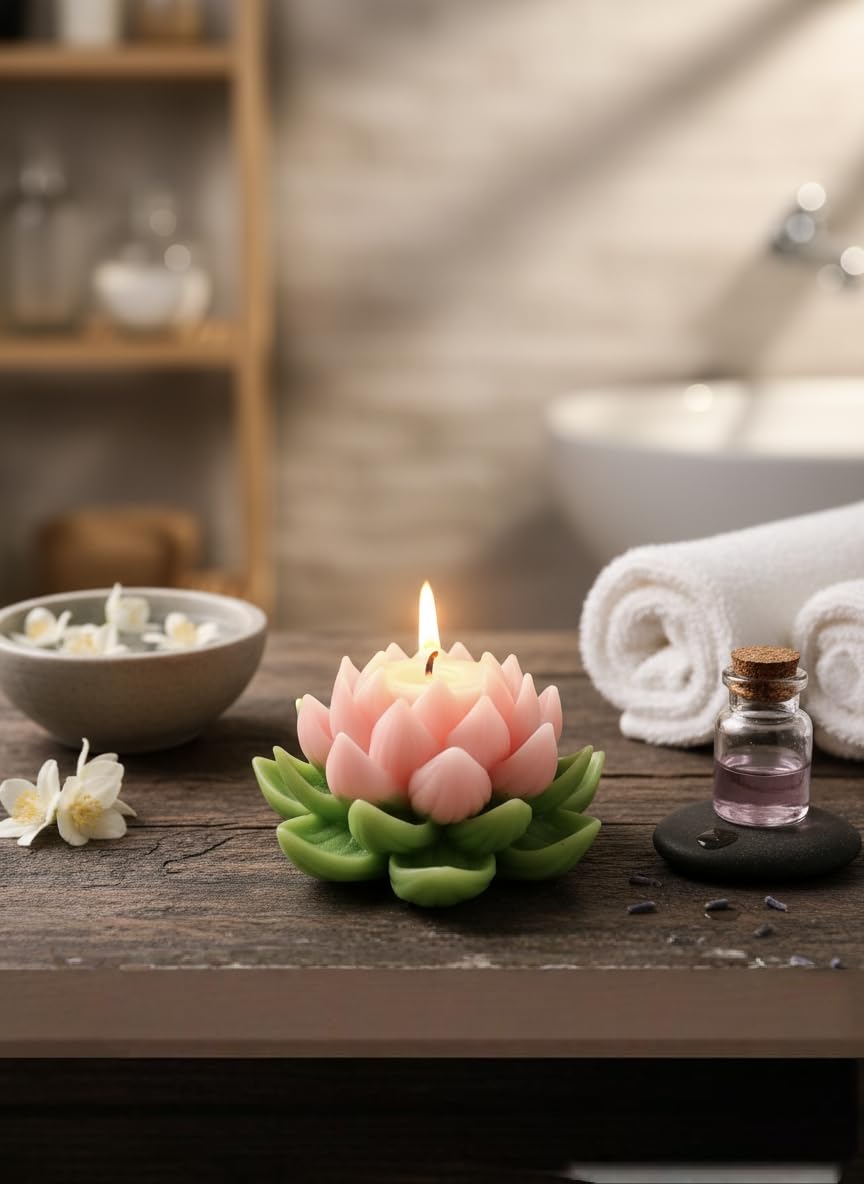 Lotus Flower Aromatherapy Candle, Pink and Green, Decorative Spa Candle,Handcrafted Wax for Home Relaxation-image-13