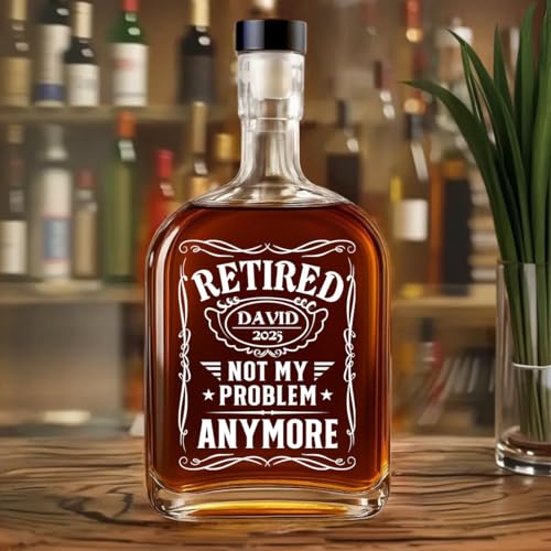 Wrappiness Happy Retirement Spirits Decanter - Not My Problem Anymore Funny Gift for Co-worker Whiskey Glass Bottle - Custom 25oz Decanter for Liquor Vodka Tequila Bourbon Gift for Men