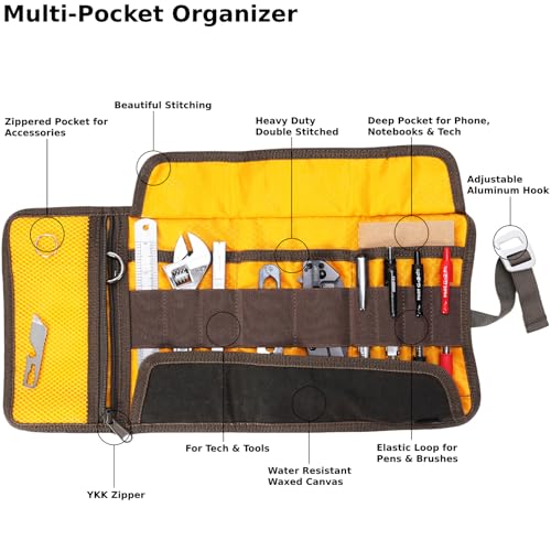 Roll Up Tool Bag Organizer, Small Tool Roll for Pen Lovers & Tech, Waxed Canvas Tool Pouch Pen Bag Pen Case Organizer, Multi-Pocket with Elastic Loops for Pencils, Art Supply, Hard Drives - EDC Bag - Image 2