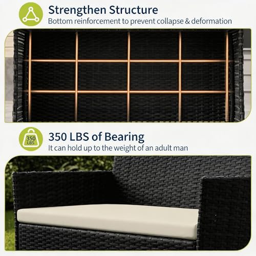 Image of 4-Piece Outdoor Patio Furniture Set - Black Wicker Rattan Bistro Conversation Set with 2 Chairs, Loveseat, Tempered Glass Coffee Table, Thick Creamy-White Cushions - Balcony, Garden, Porch or Poolside