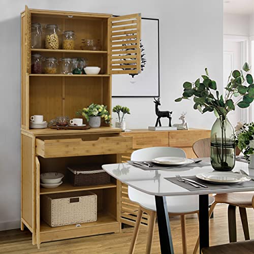 MUPATER 72\'\' Kitchen Pantry Cabinet Storage Hutch with Microwave Stand, Bamboo Freestanding Pantry Buffet Cabinet with Shelves, Cupboard and Drawer for Home