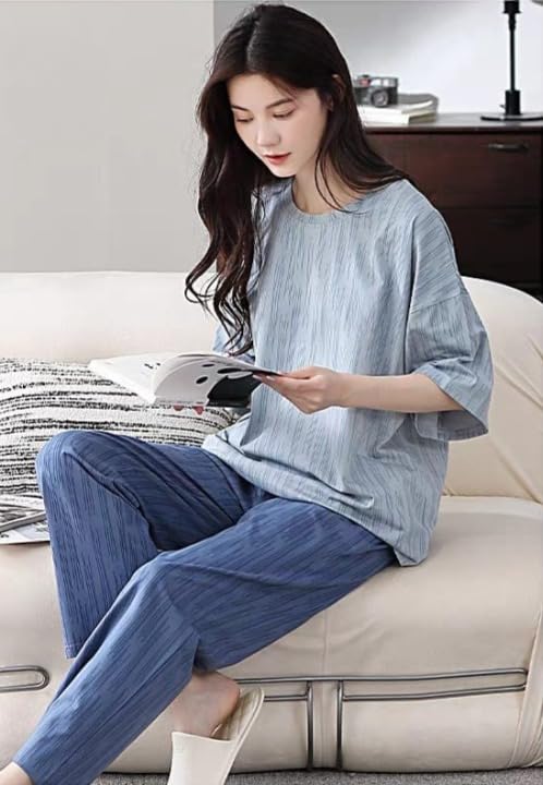 Image of Celary Women's Korean Night Suit Set | Round Neck Full Sleeve Top & Printed Ankle Length Pyjama | Skin-Friendly Fabric Soft Breathable Stretchable Loungewear | M to 2XL