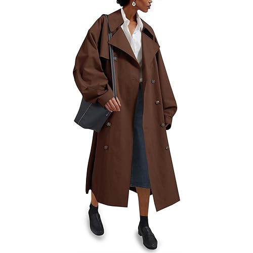 Tankaneo Womens Double Breasted Long Trench Coat Oversized Classic Lapel Belted Overcoat