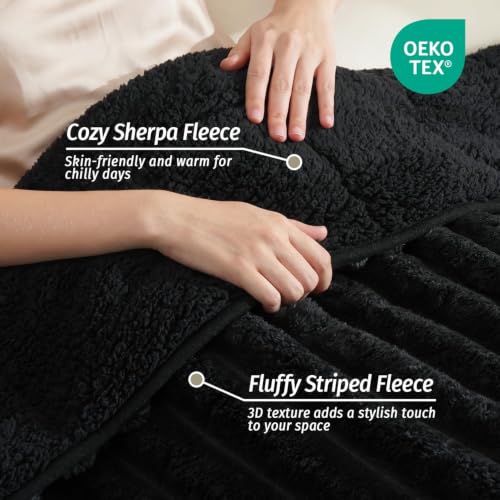 Image of Fleece Weighted Blanket for Adults 48 inch x 72 inch 15lbs Striped Blankets, Black | Dual Sided Soft Sherpa Weighted Blankets with Glass Bead Filling, Plush 3D Striped Heavy Throw Blanket for Bed and Couch