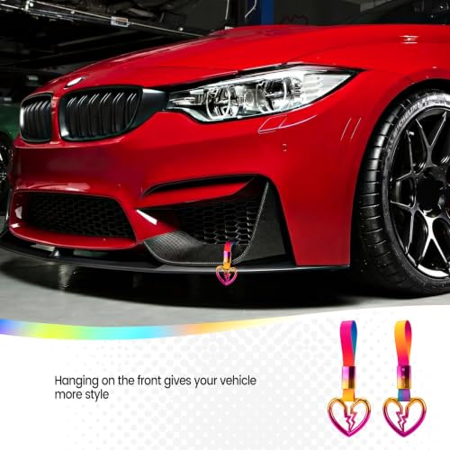 Image of 2PCS Heart Shaped Car Handle Straps, Rear Bumper Warning Keychain Ring for Car Exterior Accessories (Chrome Rainbow Broken Heart - Rainbow)