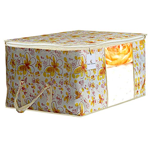 Image of Kuber Industries Flower & Leaf Printed 5 Piece Non Woven Fabric Underbed Storage Bag,Cloth Organiser,Blanket Cover with Transparent Window, Pink & Blue & Ivory Red & Golden Brown & Red -CTKTC41128