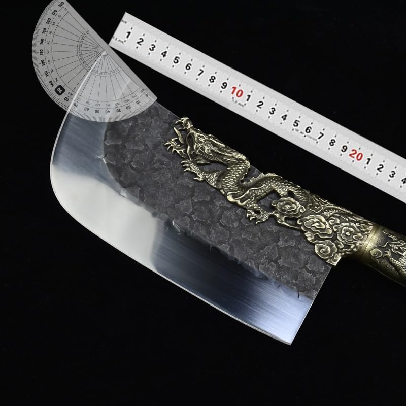 Meat Cleaver,Cleaver Knife, Longquan Knife Fixed Blade Copper Dragon Decor 8.5 Inch Hand Forged Kitchen Hatchet Knife Bone Meat And Poultry Tools
