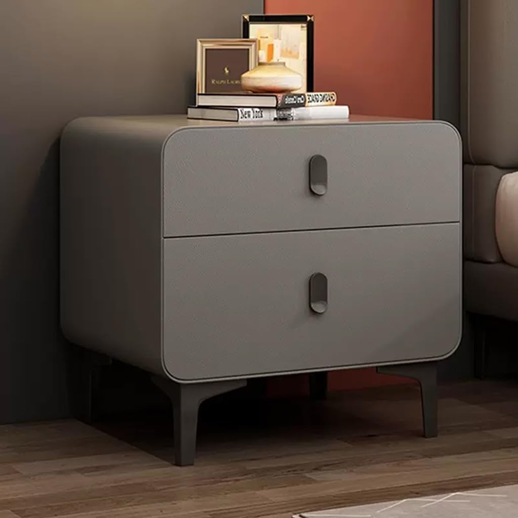ASerZenith Modern Nightstand Wrapped By Leather,2 Drawer Dresser For Bedroom W/2 Drawers,Bedside Furniture,Night Stand,Dark Gray-45Cm
