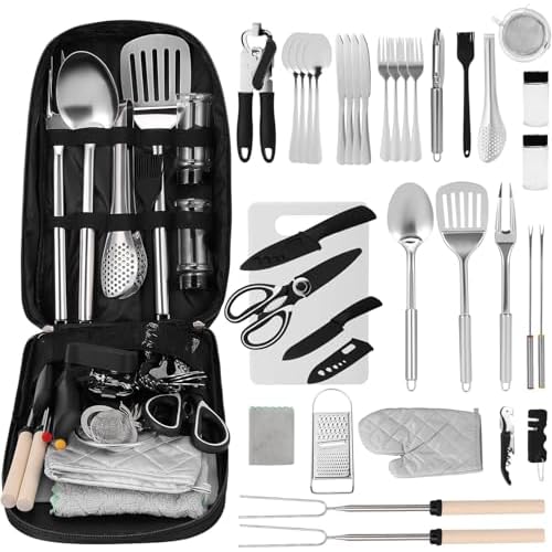 36Pcs Camping Cooking Set, Kitchen Utensils Organizer Travel Set, Camping Cooking Equipment Set for Outdoor Hiking Picnic Trekking BBQ with Cutlery, Seasoning Bottle, Storage Bag,Bottle Opener