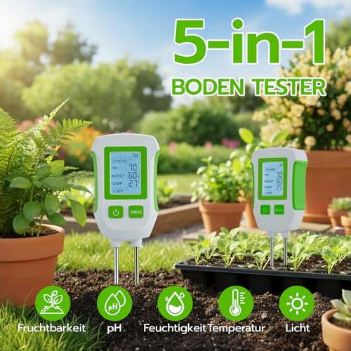 Mcbazel 5-in-1 Bodenmessgerät, Multifunktionaler Boden-Tester pH, Bodenfruchtbarkeit, Feuchtigkeit, Temperatur & Licht für Gärtner & Landwirtschaft, Dual-Probe-System mit LCD-Display, Auto-Abschaltung