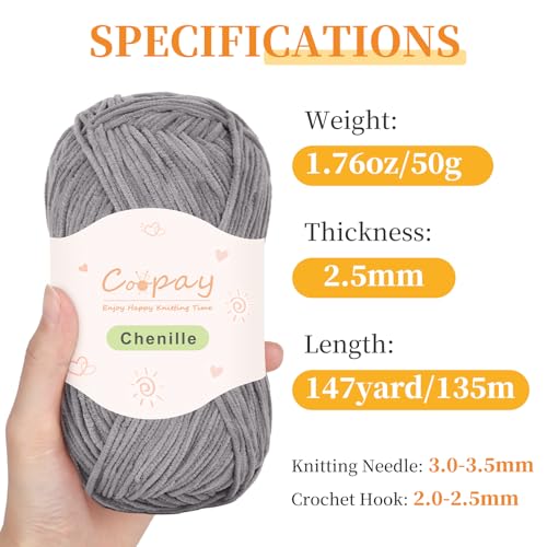 Image of Coopay Skinny Chenille Yarn for Crocheting and Knitting, 12 Pack of 50g /1.76oz - 1764yd Total, Soft Fluffy Crochet Yarn of Baby Weights - Suitable for Baby Blankets, Plush Toys - (Black and Grey)