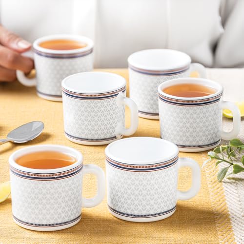 Image of Larah by BOROSIL 100ml x 6pc Opalware Starlight Tea /Coffee Mug Set, Microwave & Dishwasher Safe Embossed Design Crockery Set Ideal for Daily Use & Gifting