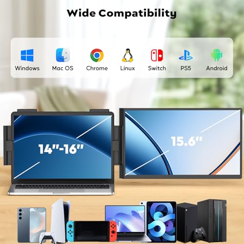 Image of HONGO Laptop Screen Extender, 15.6 inch FHD 1080P Dual Monitor, Laptop Monitor Extender for 14 inch-16 inch Laptops, Second Screen with USB-C /HDMI Port, Plug n Play for Windows /Mac /Android /Switch /PS5