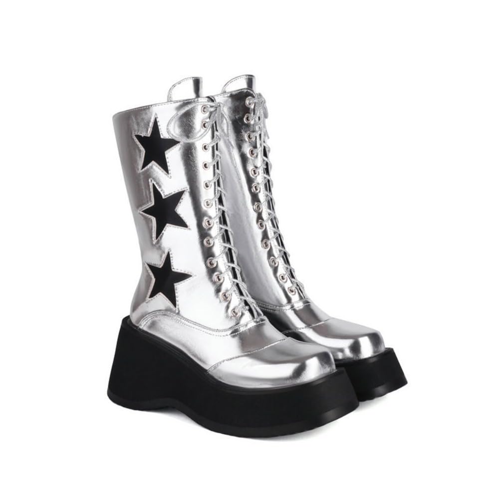 Rave Holographic Boots Star Platform Y2K Gogo Shark Disco Sequin Metallic Sparkly Glitter Combat Boots Cyberpunk Reflective Goth