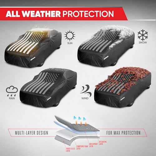 Image of Motor Trend Black USA Flag Waterproof Car Cover - All Weather Outdoor Protection, UV Resistant, Windproof, Scratchproof - Semi-Universal Fit Sedan Full Car Cover for Sun Rain Snow (191 inch- 210 inch Length)