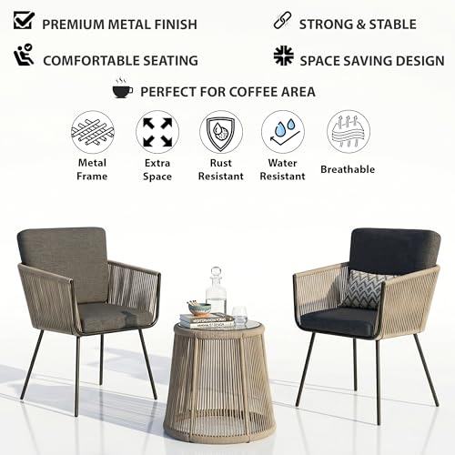 Image of BRISHI Garden Patio Seating Chair and Table Set Outdoor Balcony Garden Coffee Table Set Furniture with 1 Table and 2 Chairs Set Braid & Rope (Grey)